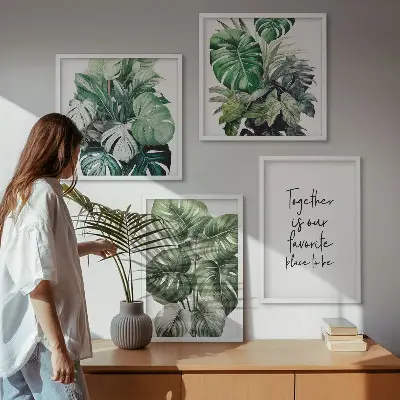 Composição de quadros decorativa com folhas tropicais verdes