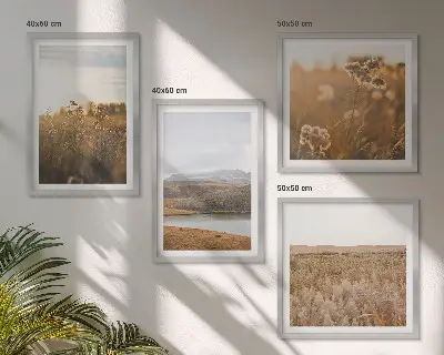 Conjunto de 4 quadros com moldura com paisagens de prados, montanhas e lago