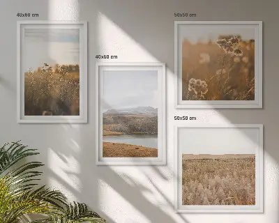 Conjunto de 4 quadros com moldura com paisagens de prados, montanhas e lago