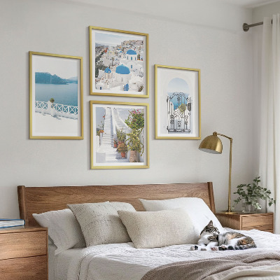 Conjunto de 4 quadros com moldura Escadas brancas plantas mar