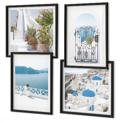 Conjunto de 4 quadros com moldura Escadas brancas plantas mar