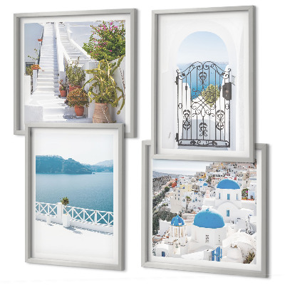 Conjunto de 4 quadros com moldura Escadas brancas plantas mar