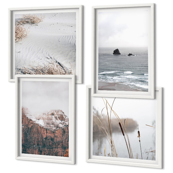 Conjunto de 4 quadros com moldura Ondas abstratas em tons pastel de cinza