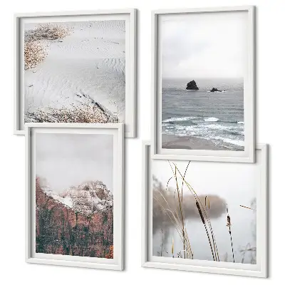 Conjunto de 4 quadros com moldura com estampa de ondas abstratas em tons pastel de cinza