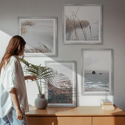 Conjunto de 4 quadros com moldura Ondas abstratas em tons pastel de cinza