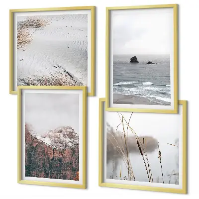 Conjunto de 4 quadros com moldura com estampa de ondas abstratas em tons pastel de cinza