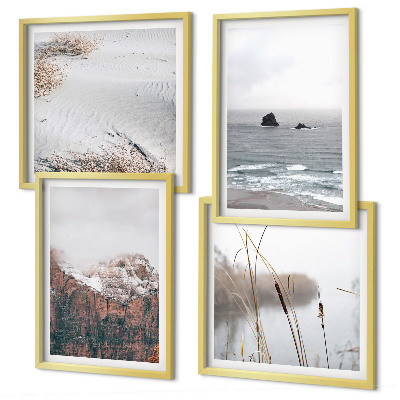 Conjunto de 4 quadros com moldura Ondas abstratas em tons pastel de cinza