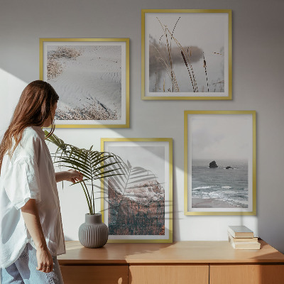 Conjunto de 4 quadros com moldura Ondas abstratas em tons pastel de cinza