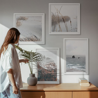 Conjunto de 4 quadros com moldura Ondas abstratas em tons pastel de cinza