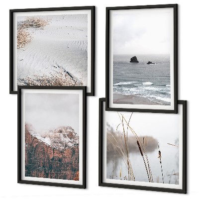 Conjunto de 4 quadros com moldura Ondas abstratas em tons pastel de cinza