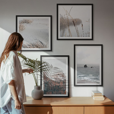 Conjunto de 4 quadros com moldura Ondas abstratas em tons pastel de cinza