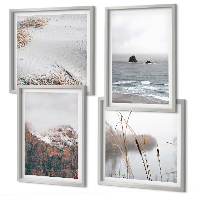 Conjunto de 4 quadros com moldura Ondas abstratas em tons pastel de cinza