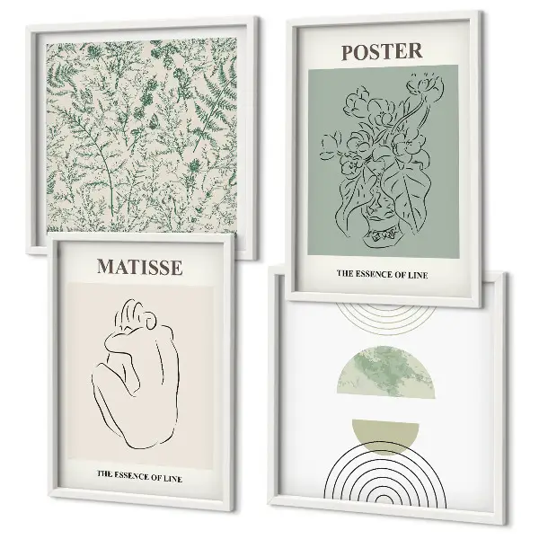 Conjunto de 4 quadros com moldura com estampas minimalistas de linhas e plantas