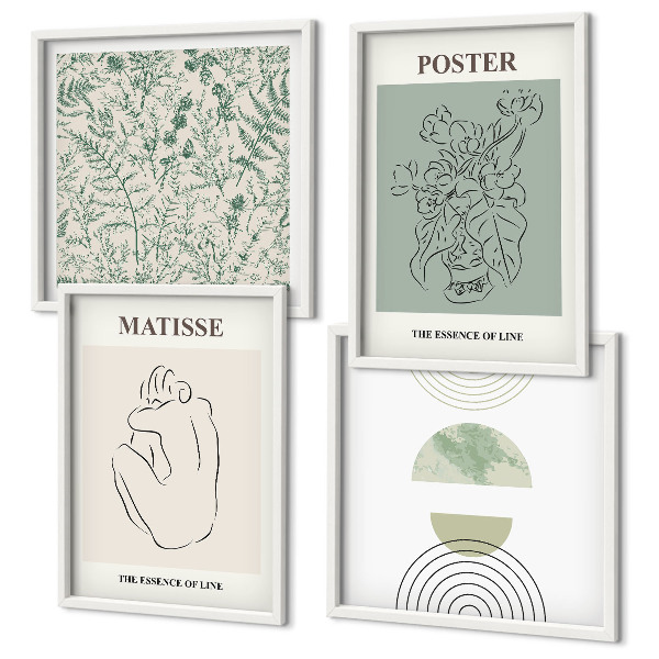Conjunto de 4 quadros com moldura Linhas, padrões de plantas, minimalismo
