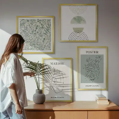 Conjunto de 4 quadros com moldura com estampas minimalistas de linhas e plantas