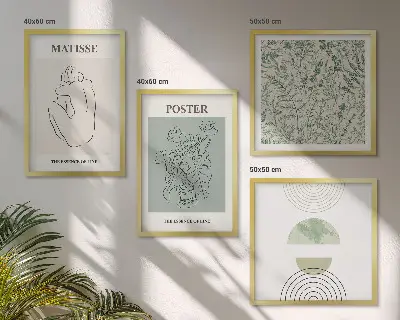 Conjunto de 4 quadros com moldura com estampas minimalistas de linhas e plantas