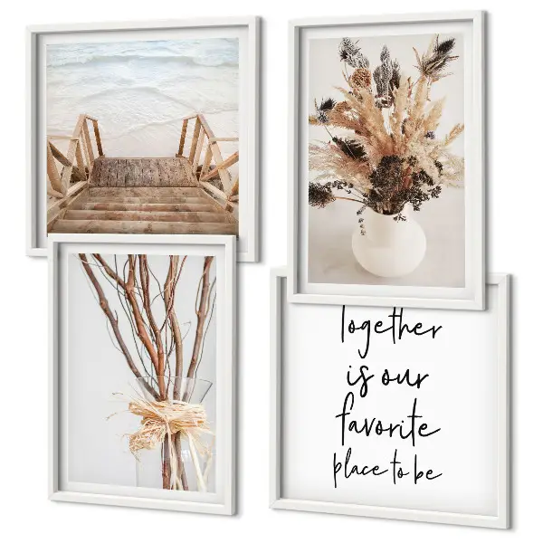 Conjunto de 4 quadros com moldura tema minimalista com flores, galhos e natureza