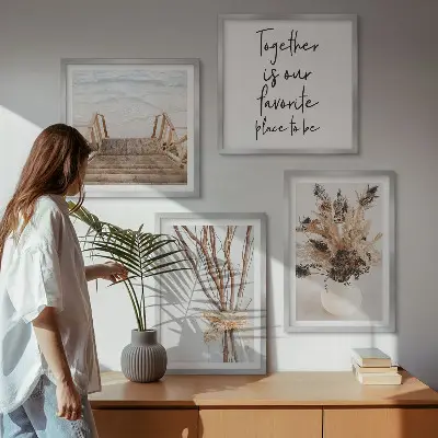 Conjunto de 4 quadros com moldura tema minimalista com flores, galhos e natureza