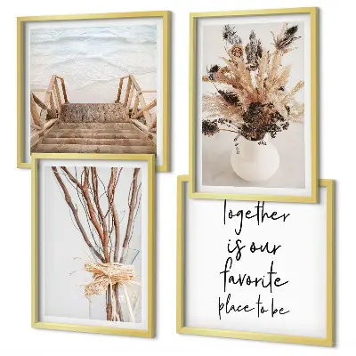 Conjunto de 4 quadros com moldura tema minimalista com flores, galhos e natureza