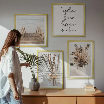 Conjunto de 4 quadros com moldura tema minimalista com flores, galhos e natureza