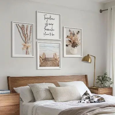Conjunto de 4 quadros com moldura tema minimalista com flores, galhos e natureza