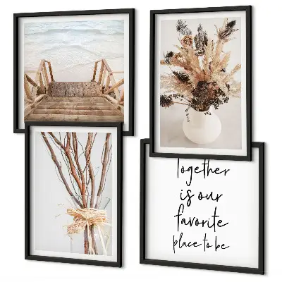 Conjunto de 4 quadros com moldura tema minimalista com flores, galhos e natureza