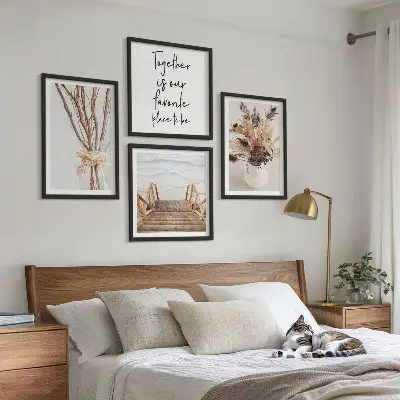 Conjunto de 4 quadros com moldura tema minimalista com flores, galhos e natureza