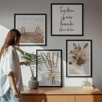 Conjunto de 4 quadros com moldura tema minimalista com flores, galhos e natureza