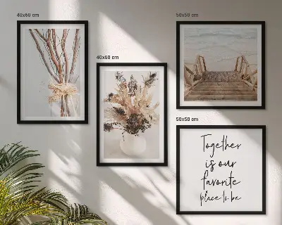 Conjunto de 4 quadros com moldura tema minimalista com flores, galhos e natureza