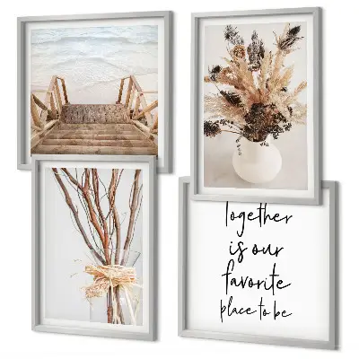 Conjunto de 4 quadros com moldura tema minimalista com flores, galhos e natureza