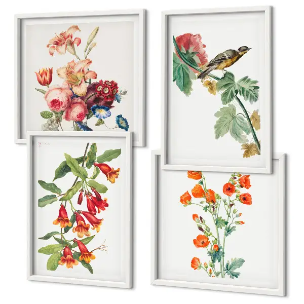 Conjunto de 4 quadros com moldura com estampa de flores pintadas e pássaro retrô