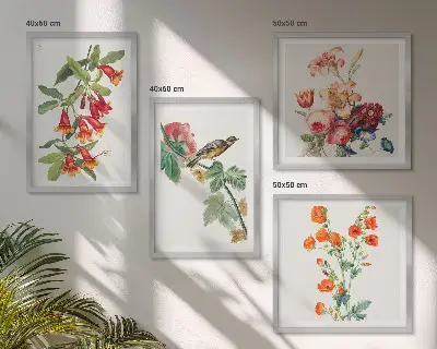 Conjunto de 4 quadros com moldura com estampa de flores pintadas e pássaro retrô