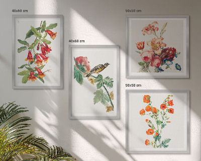 Conjunto de 4 quadros com moldura flores pintadas pássaro retrô