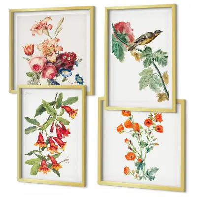 Conjunto de 4 quadros com moldura com estampa de flores pintadas e pássaro retrô