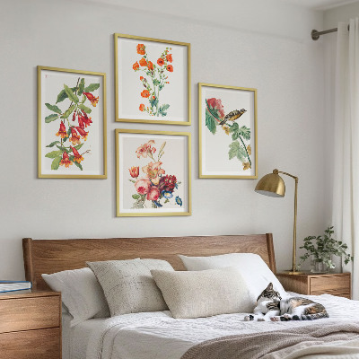Conjunto de 4 quadros com moldura flores pintadas pássaro retrô