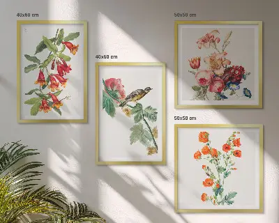 Conjunto de 4 quadros com moldura com estampa de flores pintadas e pássaro retrô