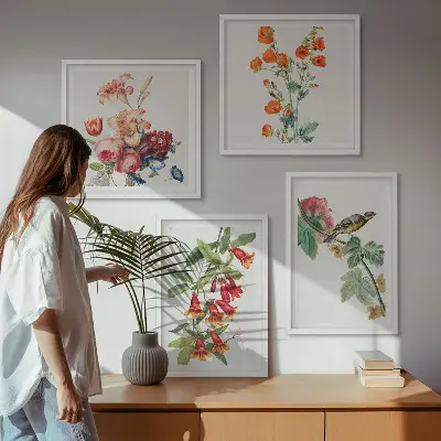Conjunto de 4 quadros com moldura com estampa de flores pintadas e pássaro retrô