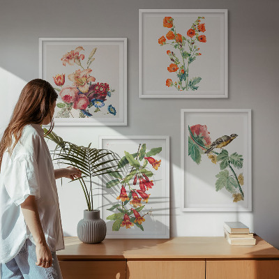 Conjunto de 4 quadros com moldura flores pintadas pássaro retrô