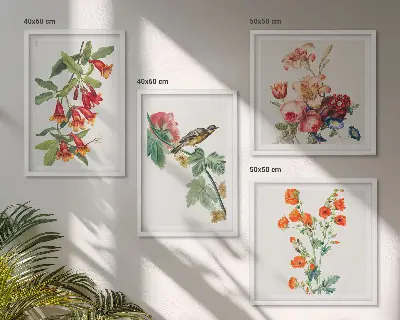 Conjunto de 4 quadros com moldura com estampa de flores pintadas e pássaro retrô