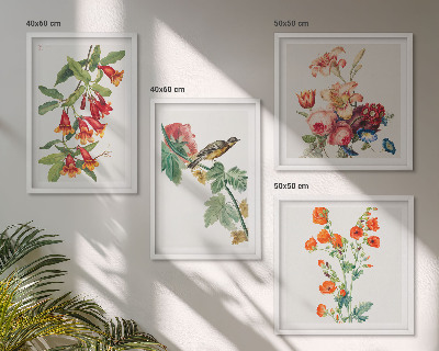 Conjunto de 4 quadros com moldura flores pintadas pássaro retrô