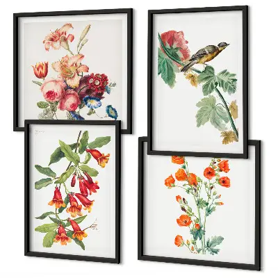 Conjunto de 4 quadros com moldura com estampa de flores pintadas e pássaro retrô