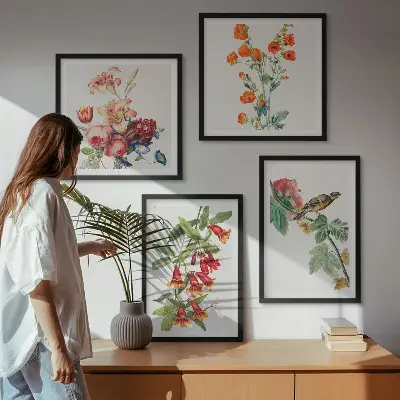 Conjunto de 4 quadros com moldura com estampa de flores pintadas e pássaro retrô