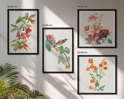 Conjunto de 4 quadros com moldura com estampa de flores pintadas e pássaro retrô