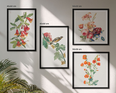 Conjunto de 4 quadros com moldura flores pintadas pássaro retrô