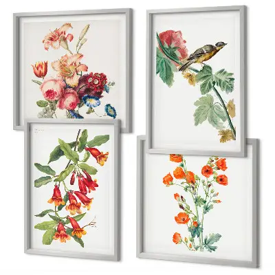 Conjunto de 4 quadros com moldura com estampa de flores pintadas e pássaro retrô