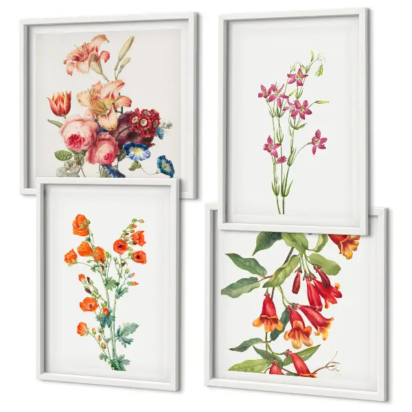 Pintura de flores em estilo retrô políptico com moldura