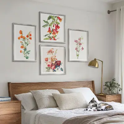 Pintura de flores em estilo retrô políptico com moldura