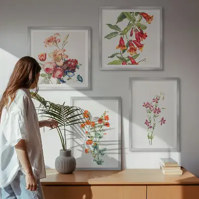 Pintura de flores em estilo retrô políptico com moldura