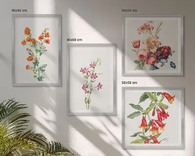 Pintura de flores em estilo retrô políptico com moldura