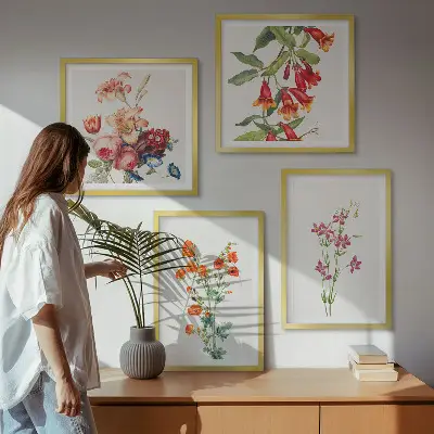 Pintura de flores em estilo retrô políptico com moldura